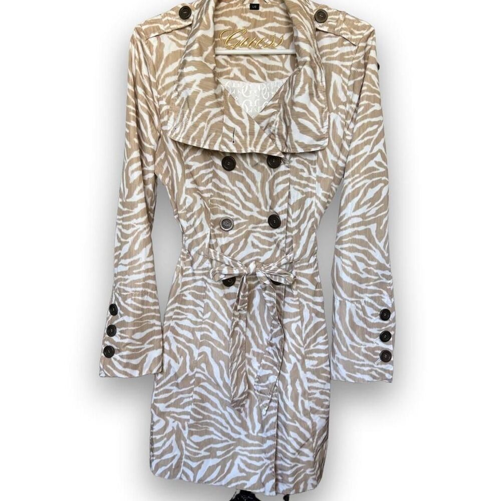 Guess Women's Large Tan White Zebra Print Double Breasted Trench Coat Belted